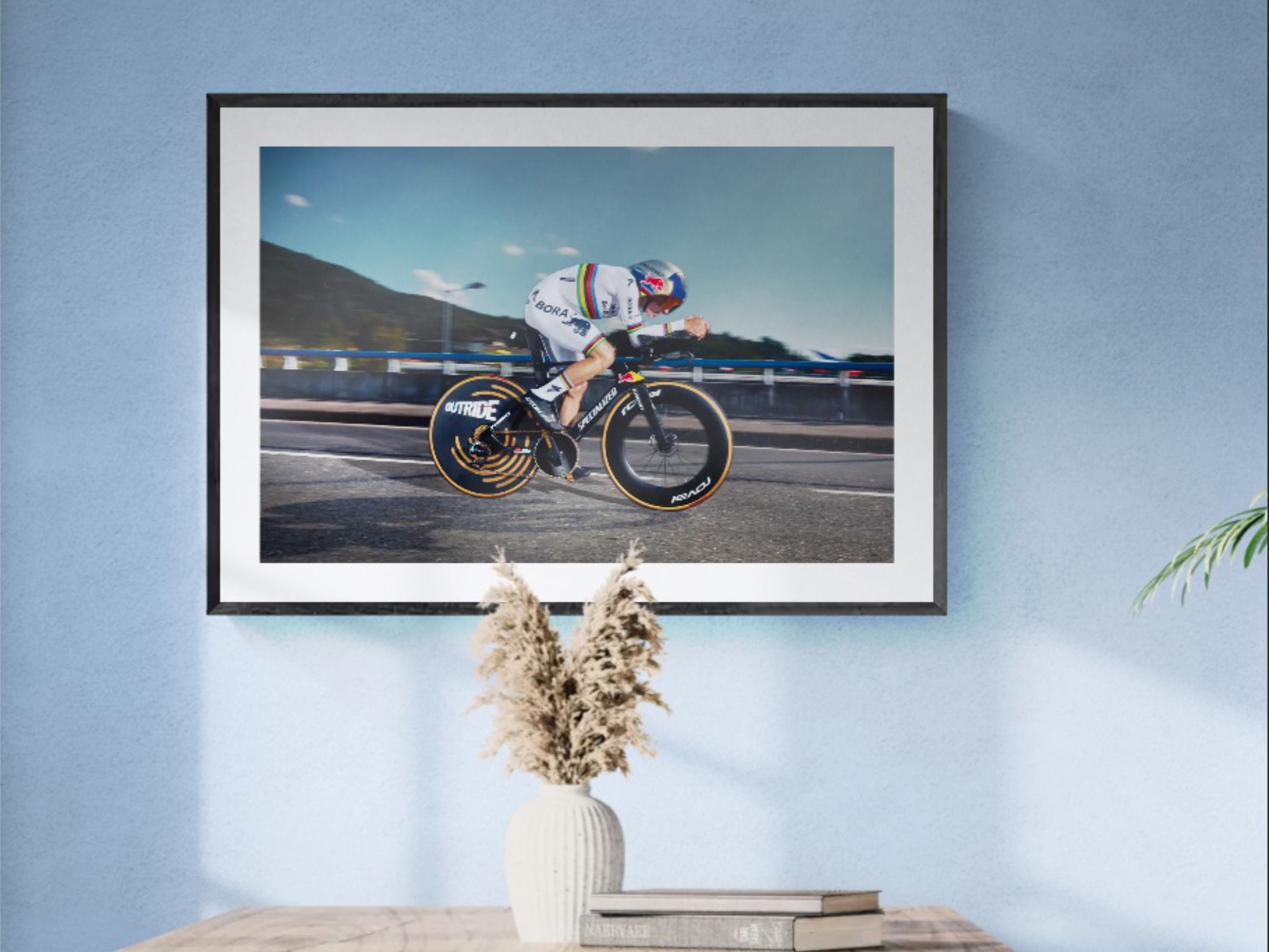 Remco Evenepoel Tour de France print framed on wall in modern living room