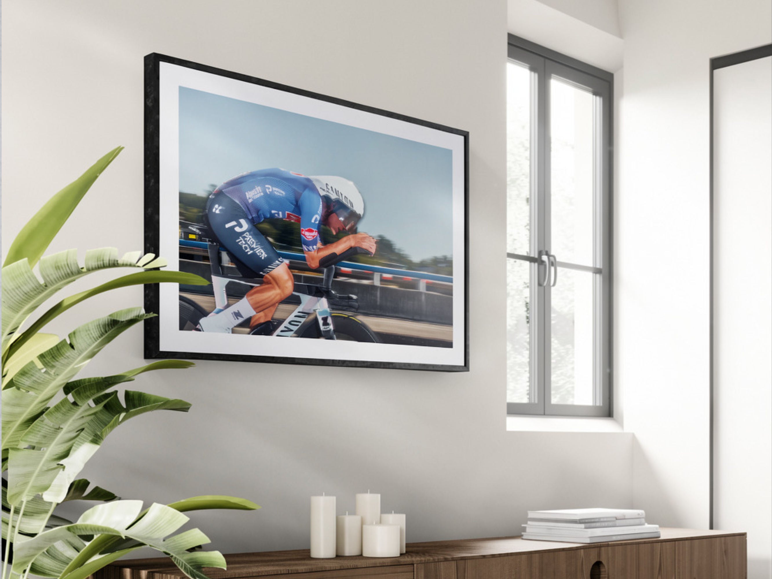 Cycling photography print of Van der Poel time trial styled in interior with plants