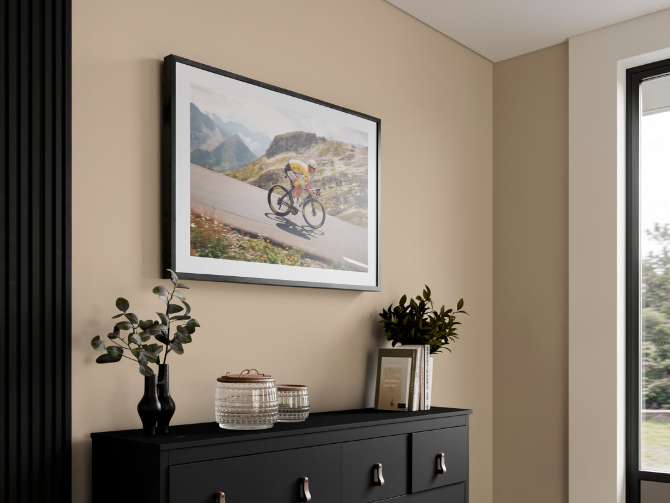 Cycling photography print of Pogačar Galibier descent styled in bright room