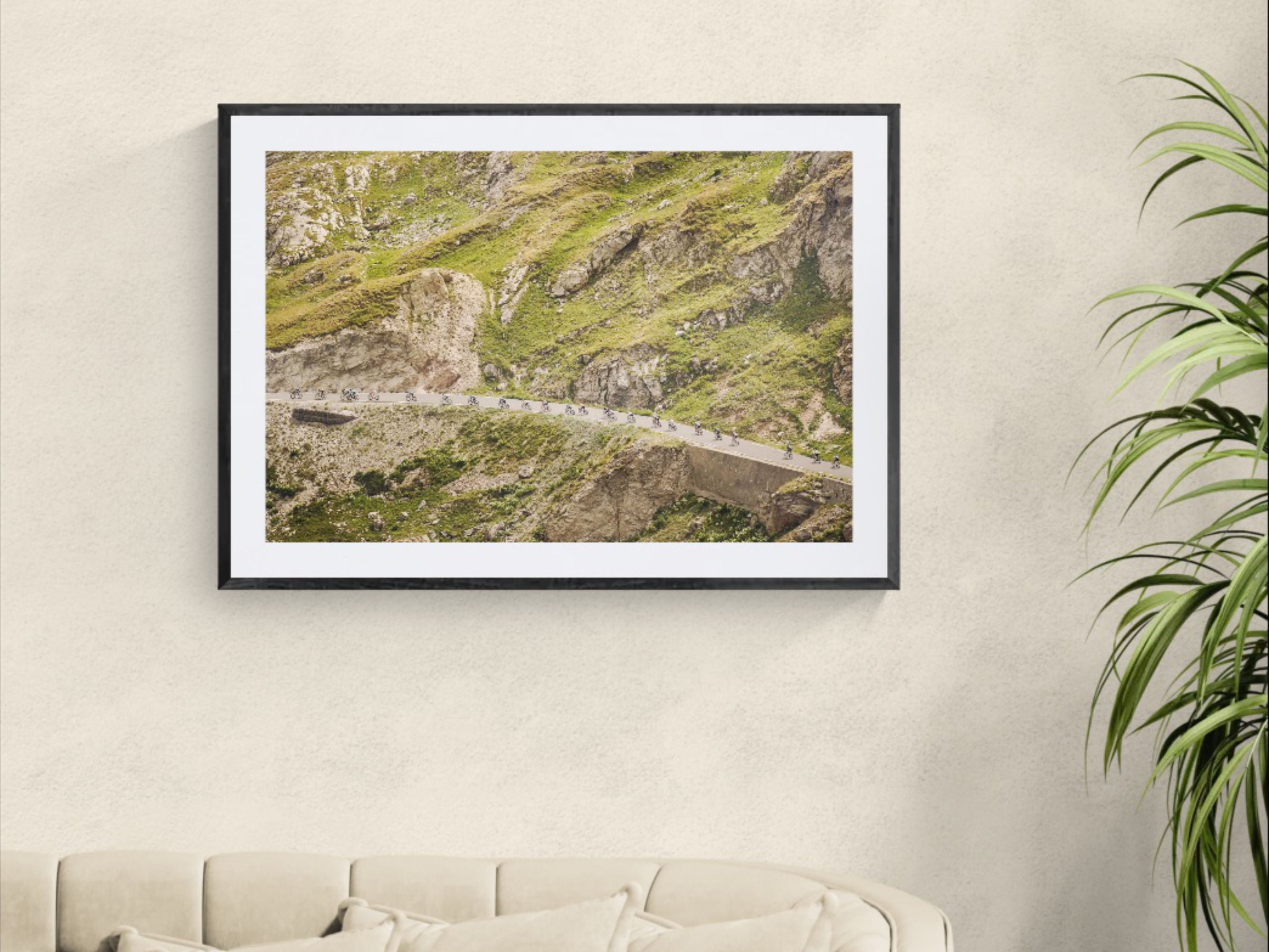 Tour de France Galibier print framed on wall in minimal interior