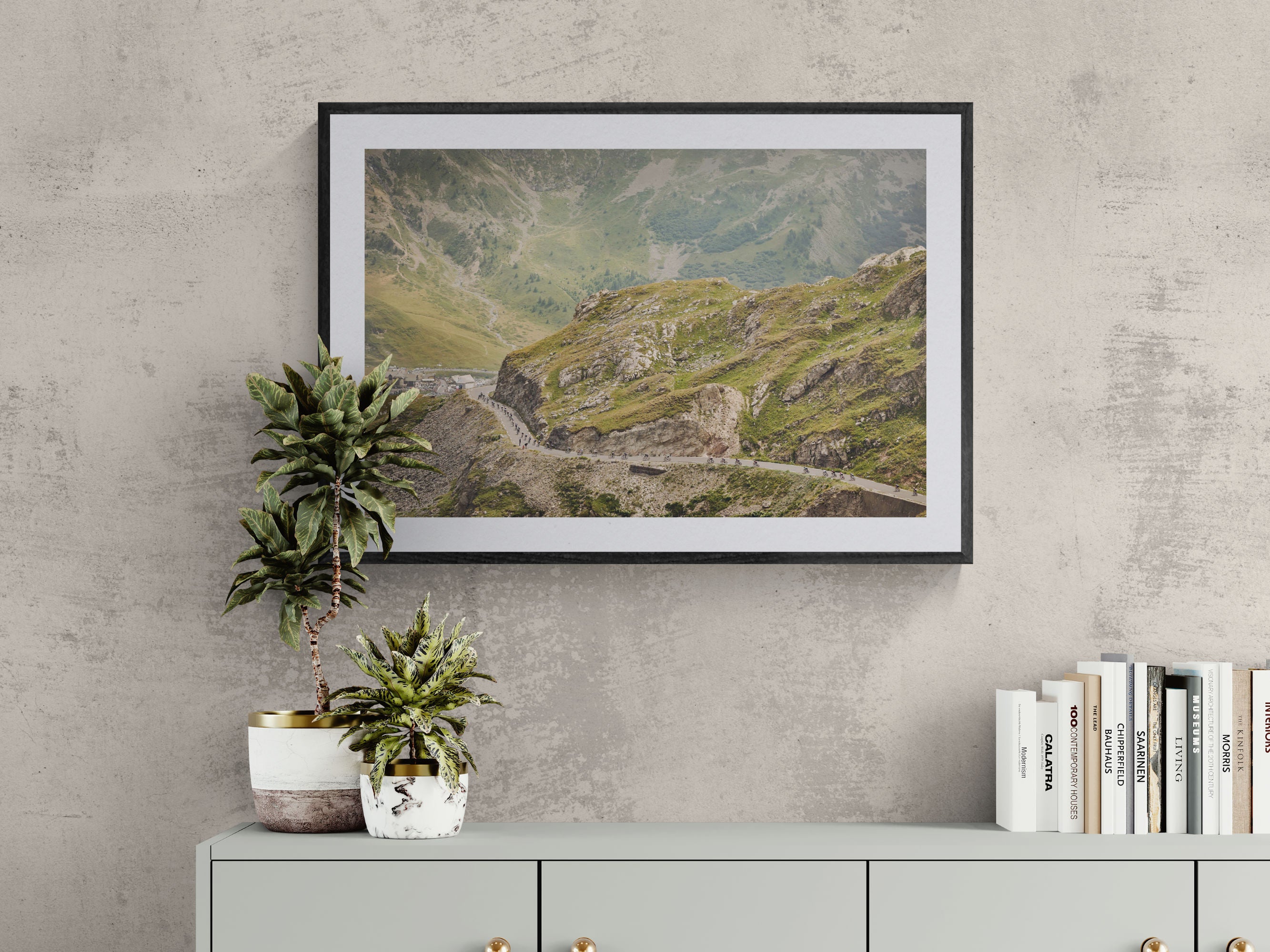 Tour de France Galibier print framed on wall in minimal interior