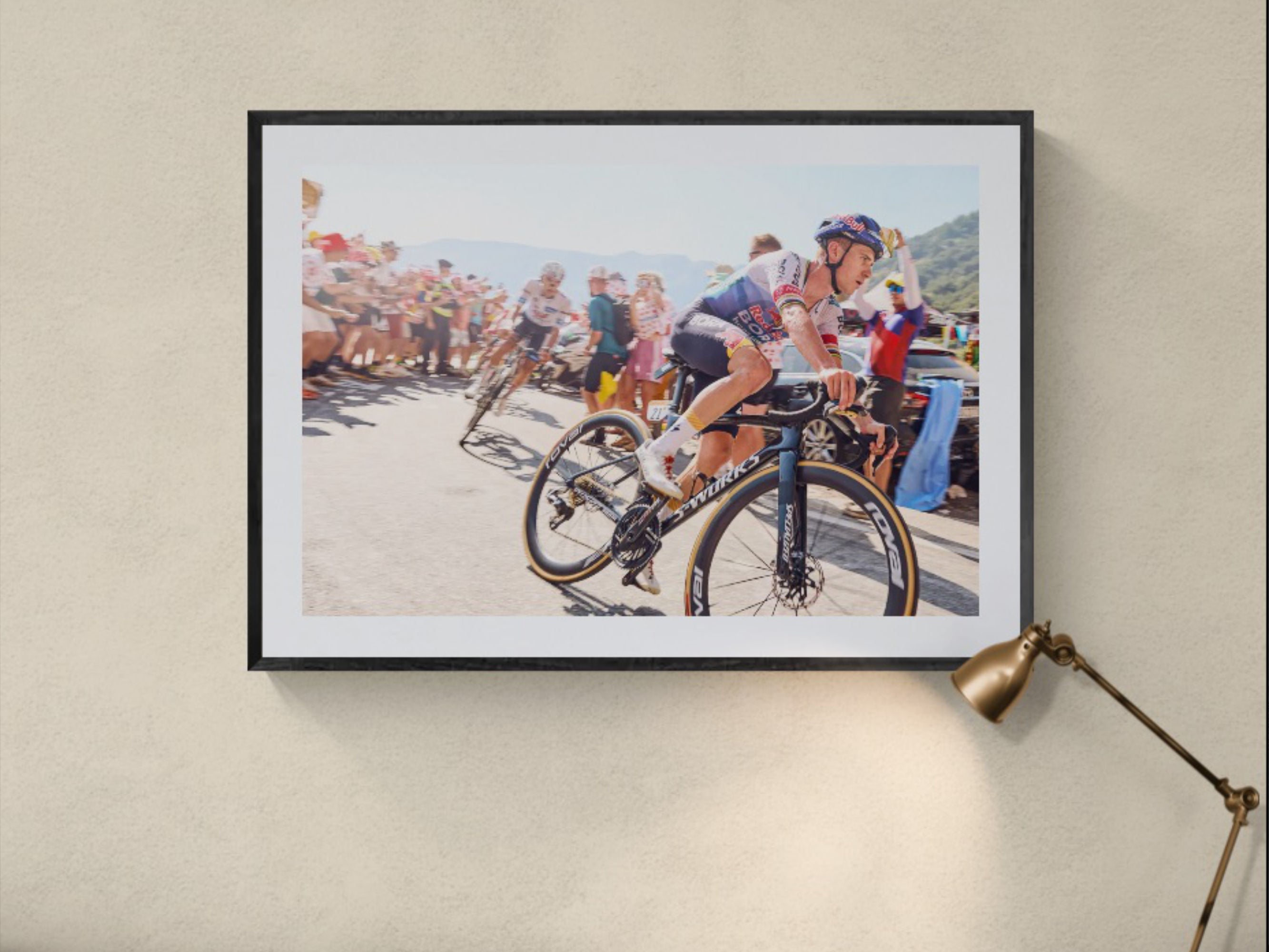 Remco Evenepoel Tour de France print framed on wall with desk lamp