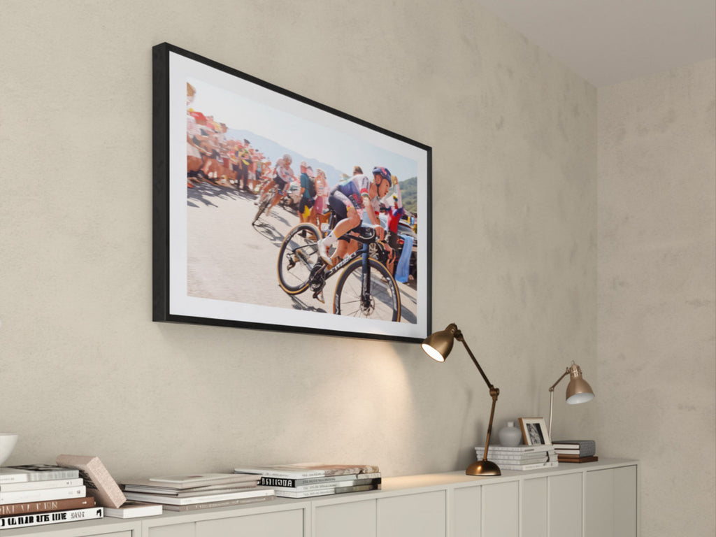Cycling photography print of Evenepoel Alpe d'Huez styled in modern interior