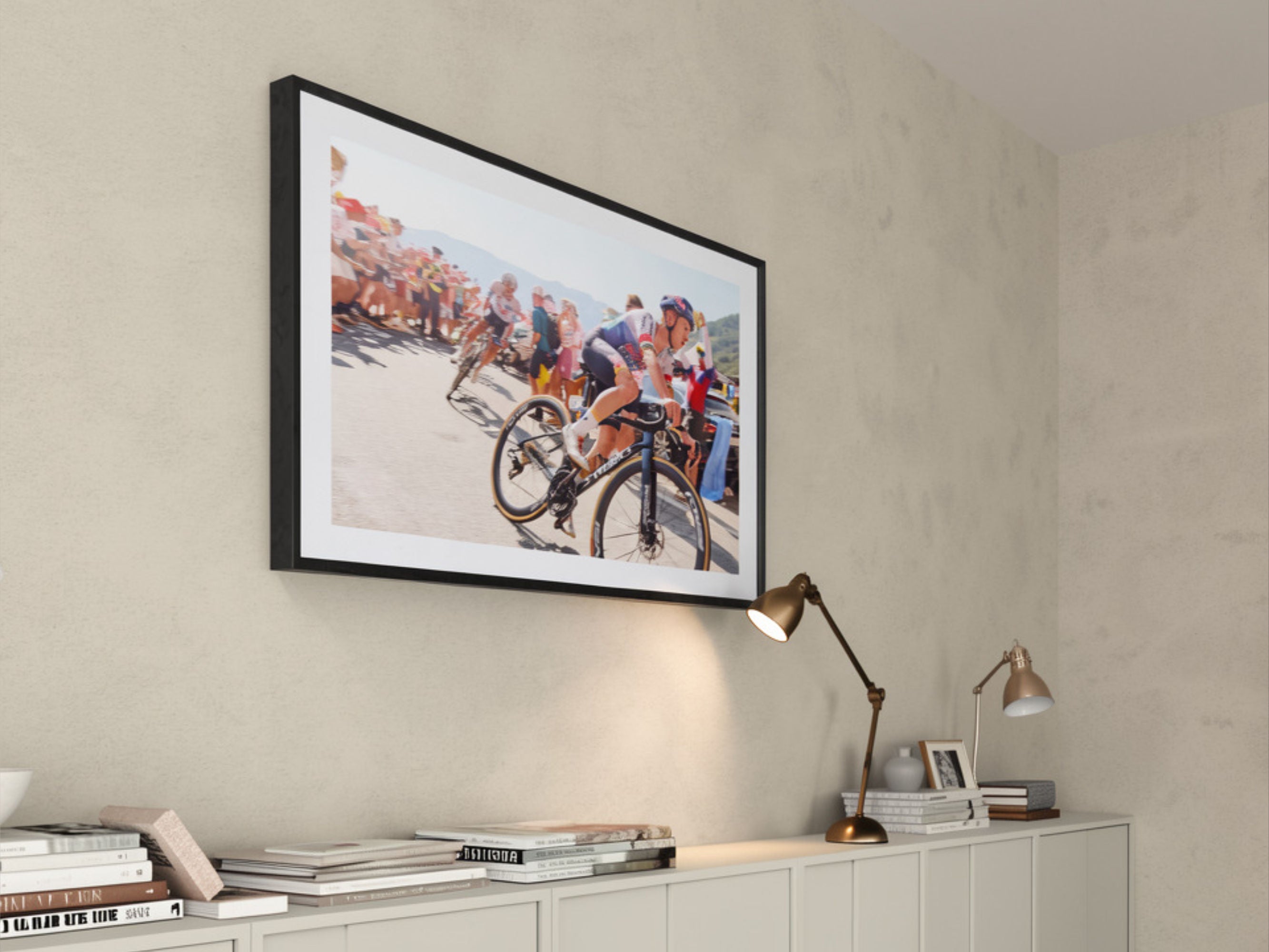 Cycling photography print of Evenepoel Alpe d'Huez styled in modern interior