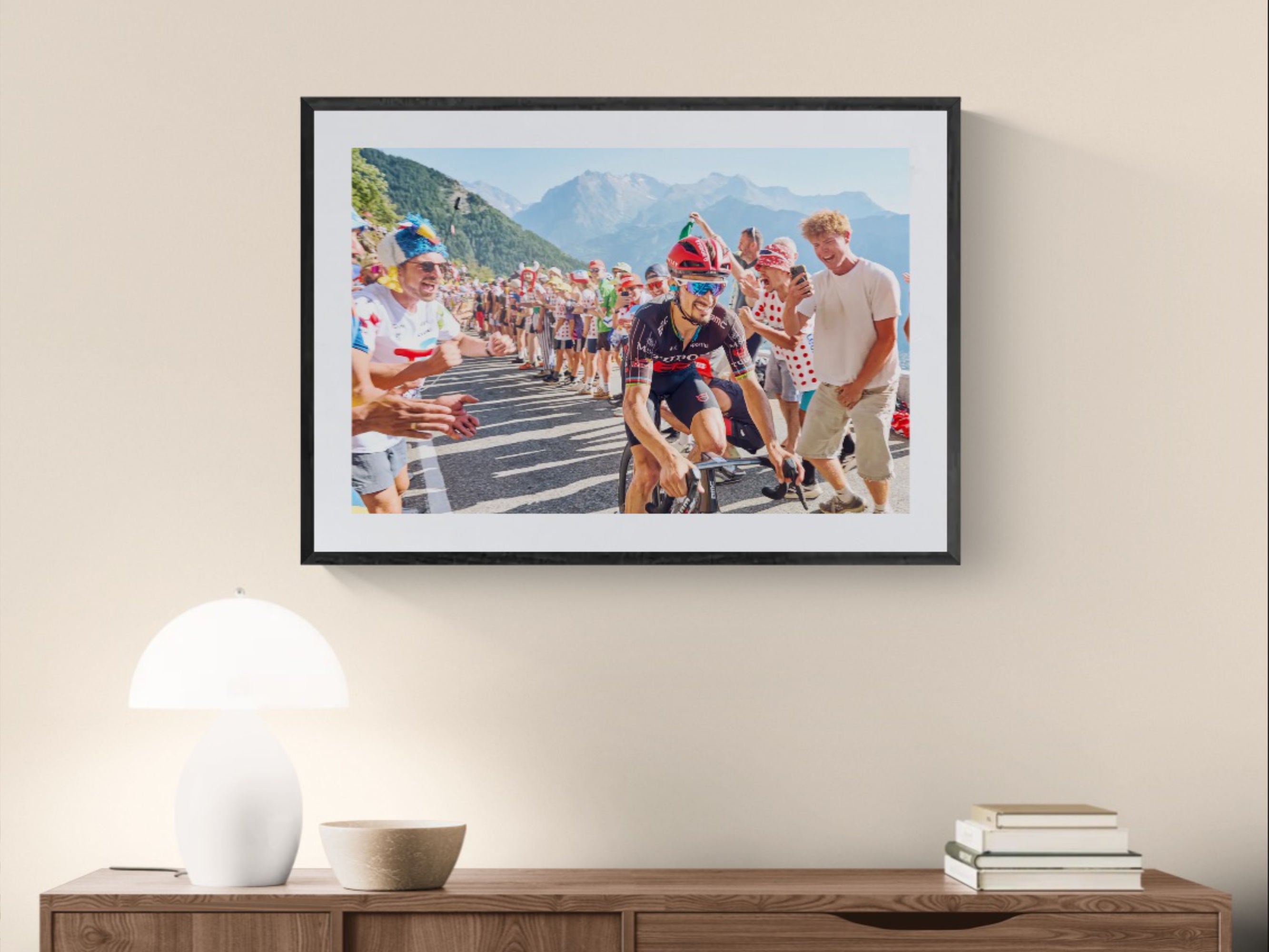 Julian Alaphilippe Tour de France print framed on wall with table lamps