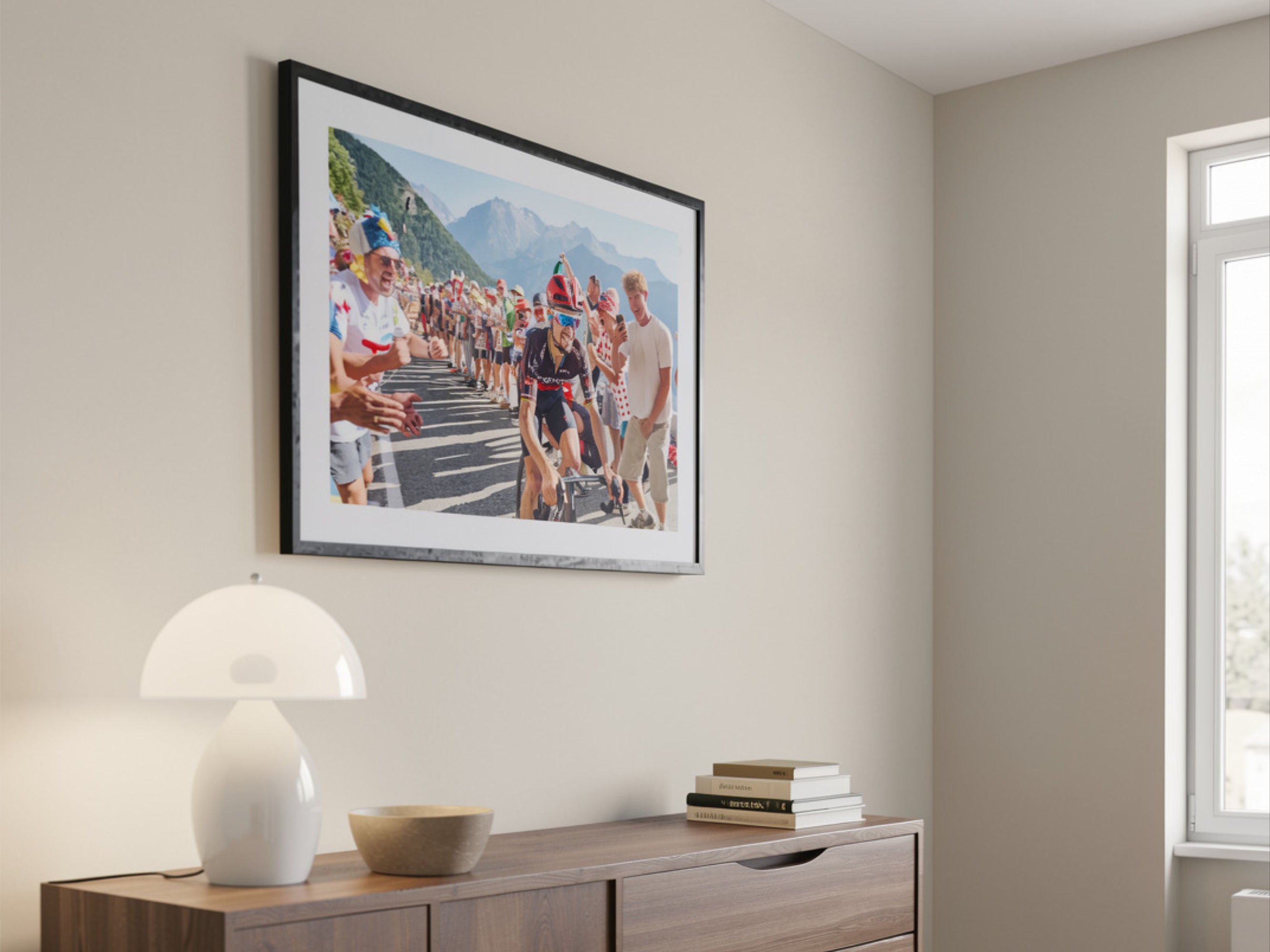 Cycling photography print of Alaphilippe Alpe d'Huez styled in bright interior